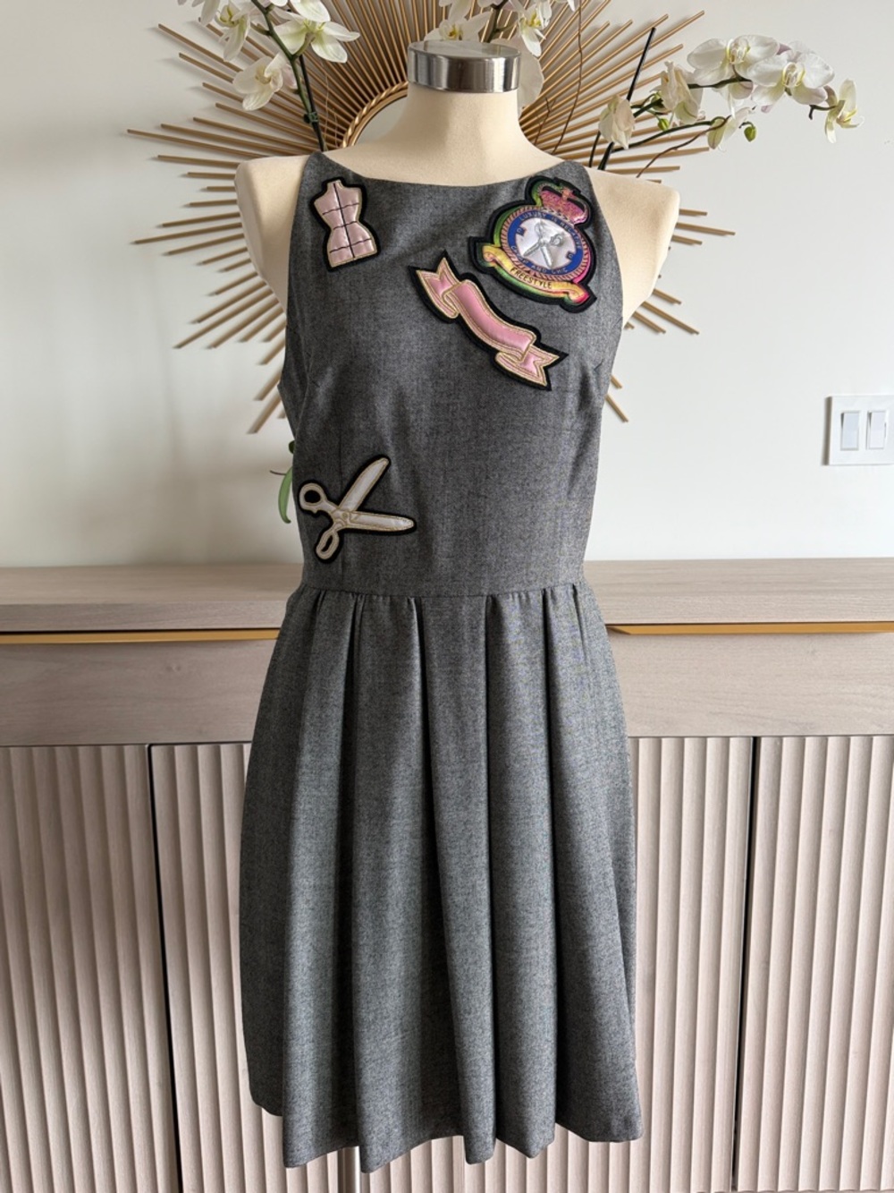 Moschino Gray Sleeveless Patchwork Dress with Pink Appliqués